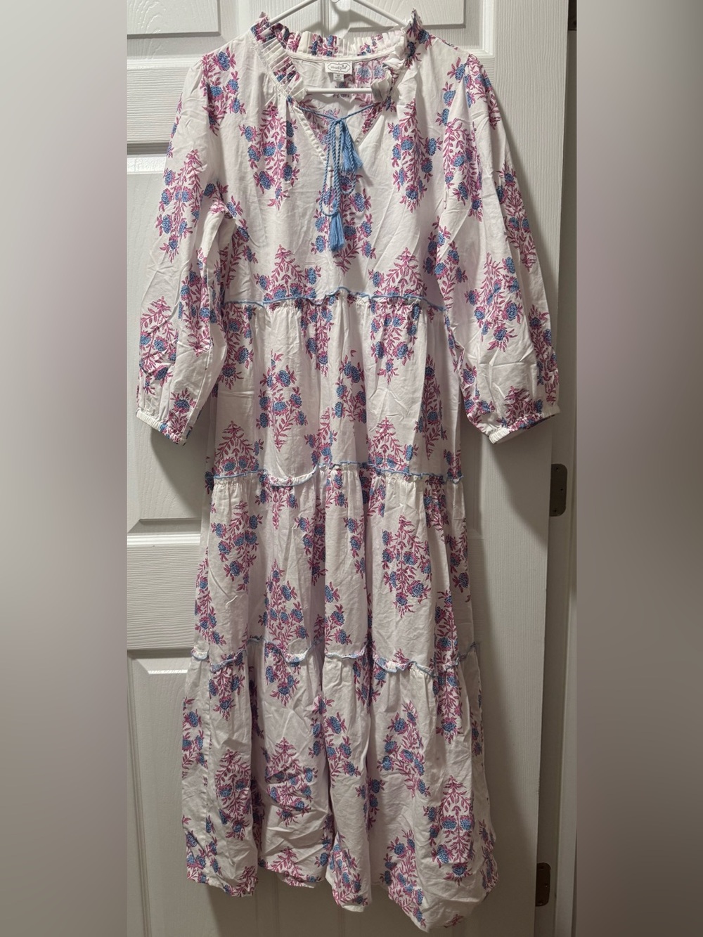 Mud Pie White Floral Blouse with Pink & Blue Print